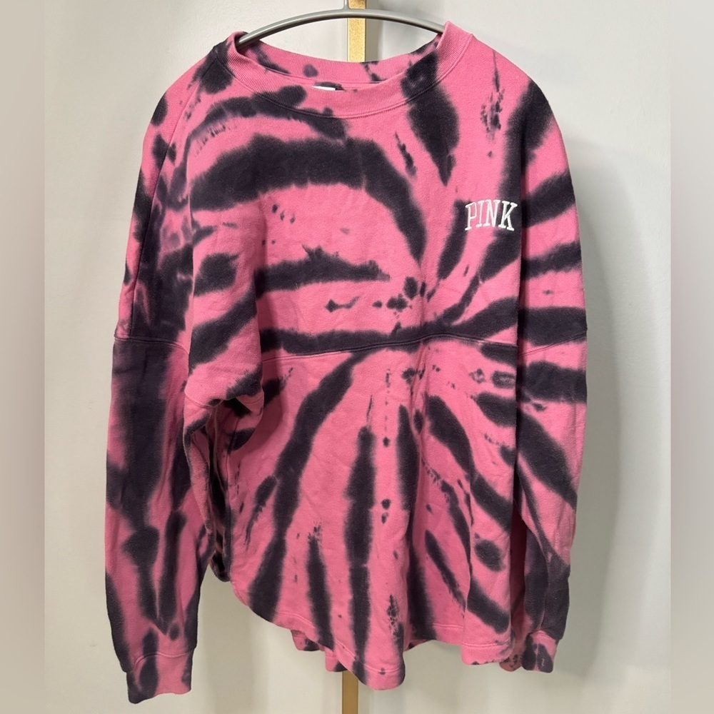 PINK Victoria's Secret Women’s Black and Pink Tie-Dye Sweatshirt
